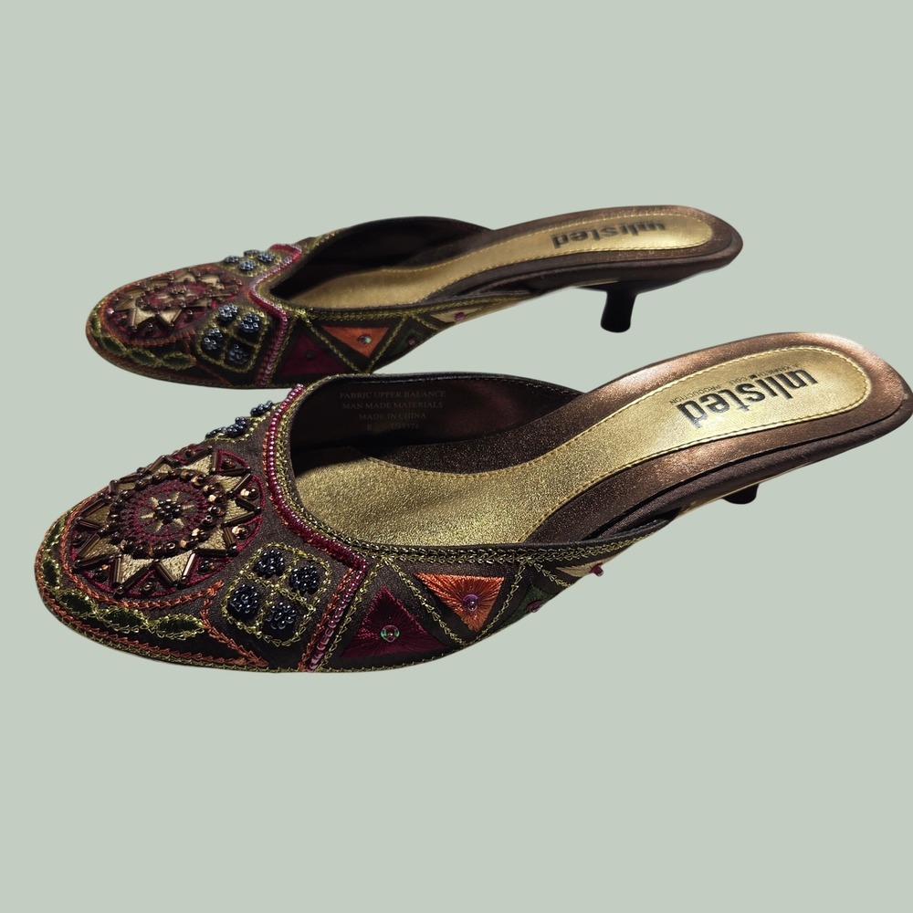 Unlisted Kenneth Cole Brown Beaded Rhinestone Kitten Heel Mules Y2K 2000s Size 8
